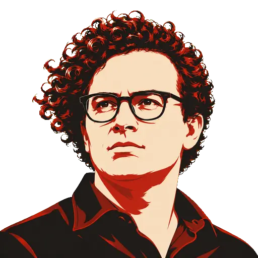 Codex-generated propaganda-style Dario Amodei portrait with curly hair and glasses